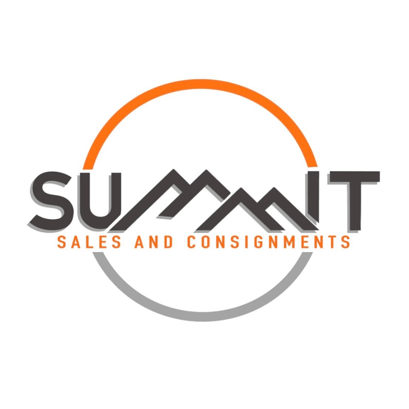Summit Sales and Consignments logo featuring mountain-inspired design within the word "SUMMIT," with an orange and gray circular arc, representing the brand’s focus on consignment sales of utility trailers, e-bikes, and outdoor equipment.