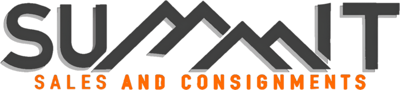 Summit Sales and Consignments logo featuring mountain-inspired design within the word "SUMMIT," with an orange and gray circular arc, representing the brand’s focus on consignment sales of utility trailers, e-bikes, and outdoor equipment.