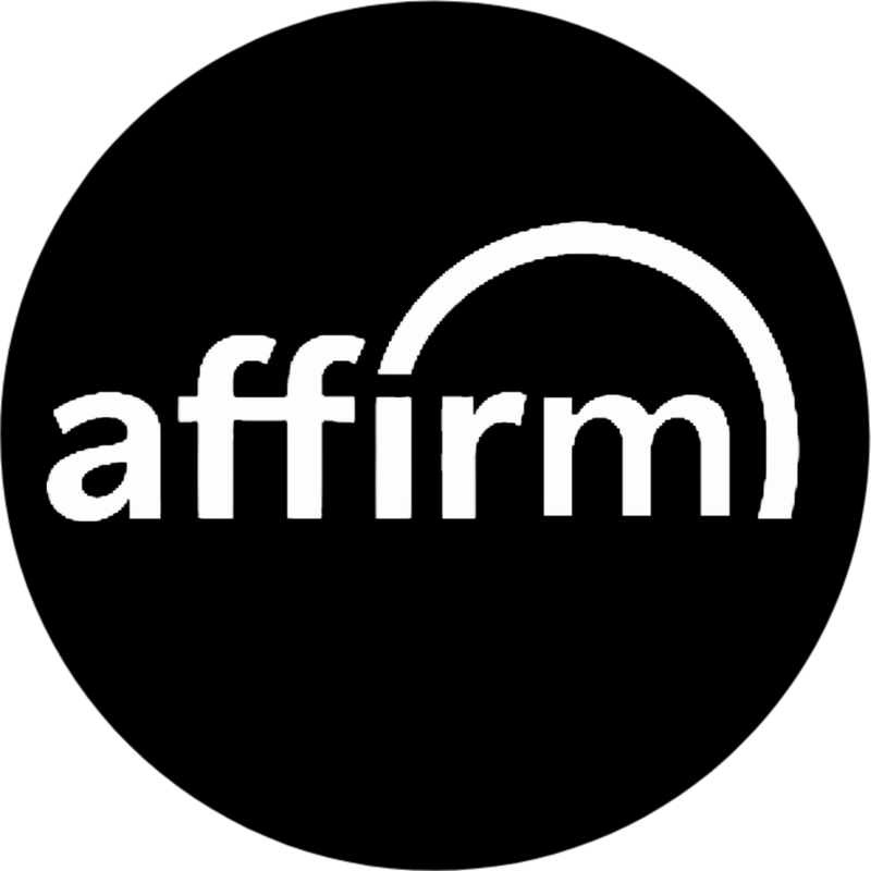 Affirm logo with white text and arch design on a black background