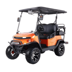 Denago EV Nomad XL 4-Passenger Lifted Golf Cart in Lava Orange for sale in Shelley, Idaho at Summit Sales & Consignments.