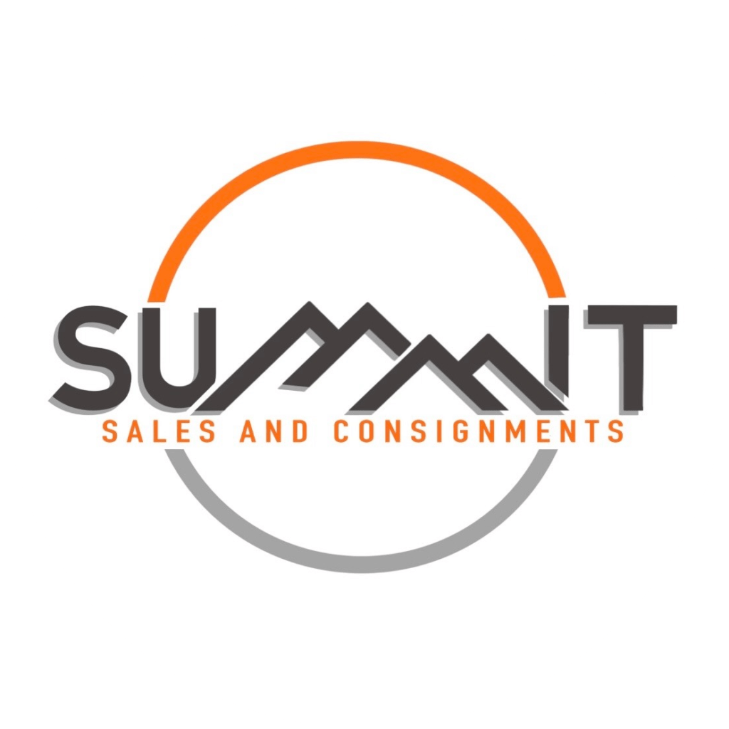Summit Sales and Consignments logo featuring mountain-inspired design within the word "SUMMIT," with an orange and gray circular arc, representing the brand’s focus on consignment sales of utility trailers, e-bikes, and outdoor equipment.