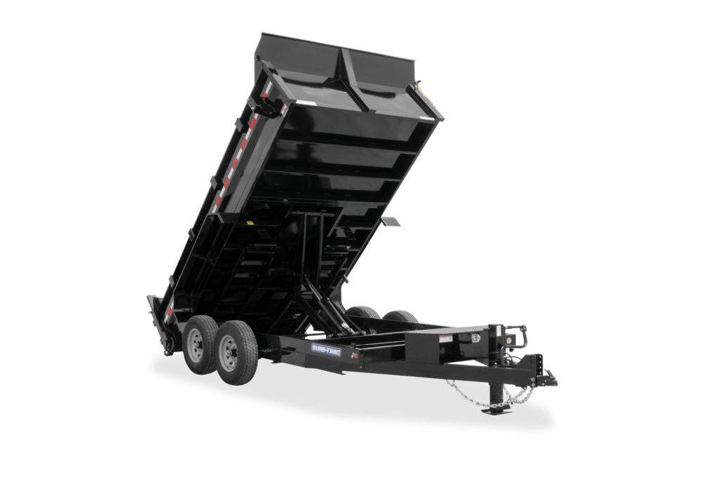 Black hydraulic dump trailer with dual axles and raised bed