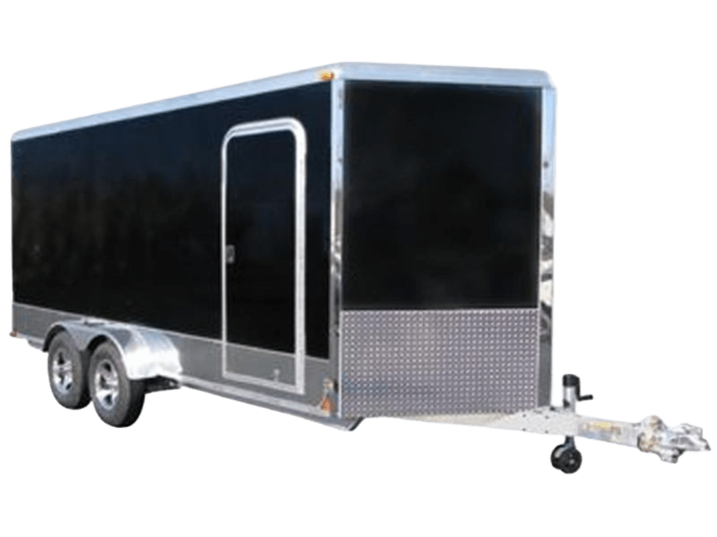 Black enclosed cargo trailer with polished trim and dual axles
