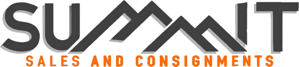 Summit Sales and Consignments logo featuring mountain-inspired design within the word "SUMMIT," with an orange and gray circular arc, representing the brand’s focus on consignment sales of utility trailers, e-bikes, and outdoor equipment.
