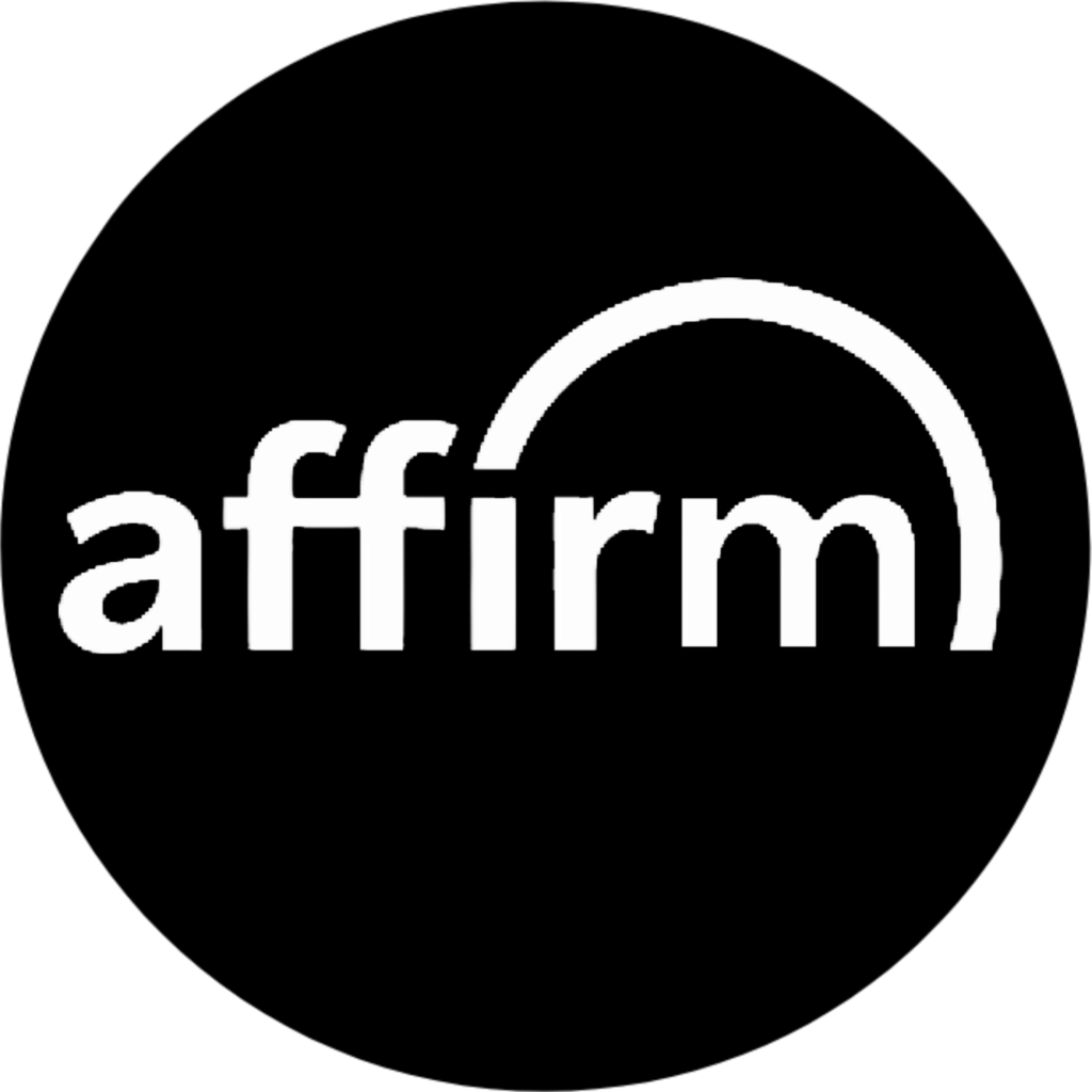 Affirm logo with white text and arch design on a black background